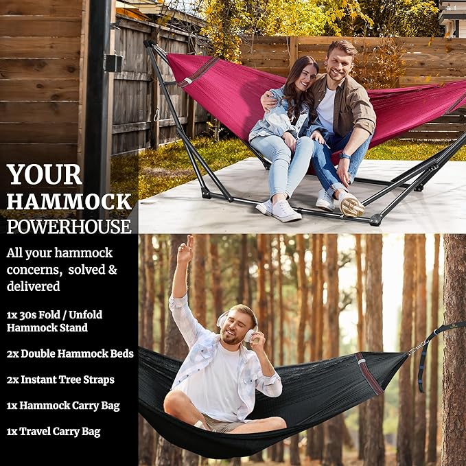 Tranquillo Combo x2 Hammocks with Stand for Outside & Tree Straps, Heavy Duty Hammock with Stand 600lbs for Indoor Outdoor Patio Backyard, x2 Hammocks for 2 Person (Combo - Red, Medium)