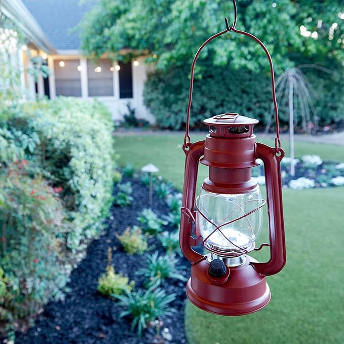 Alpine Corporation 10" H Indoor/Outdoor Metal and Glass Hurricane Lantern with Dimmable LED Lights, Red