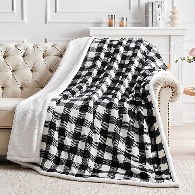 BEDELITE Sherpa Fleece Blanket - Black and White Buffalo Plaid Christmas Blanket, Super Soft Cozy Warm Thick Winter Throw Blankets for Couch and Bed, 50" x 60"