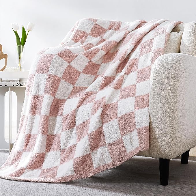 WRENSONGE Checkered Throw Blanket, Pink Soft Cozy Fluffy Warm Hand Made Throw Blankets for Couch, Sofa, Chair, Bed, Camping, Picnic, Travel Lightweight Bed Blankets for Women Mothers Birthday Gifts