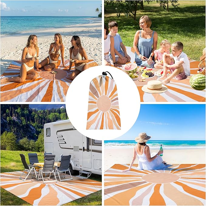 Beach Blanket Waterproof Sandproof, Extra-Large Picnic Blankets with Stakes & Travel Bag, Lightweight, Quick-Dry, Compact Beach Mat for Outdoors, Camping, Beach, Trips – Summer Vacation Essentials