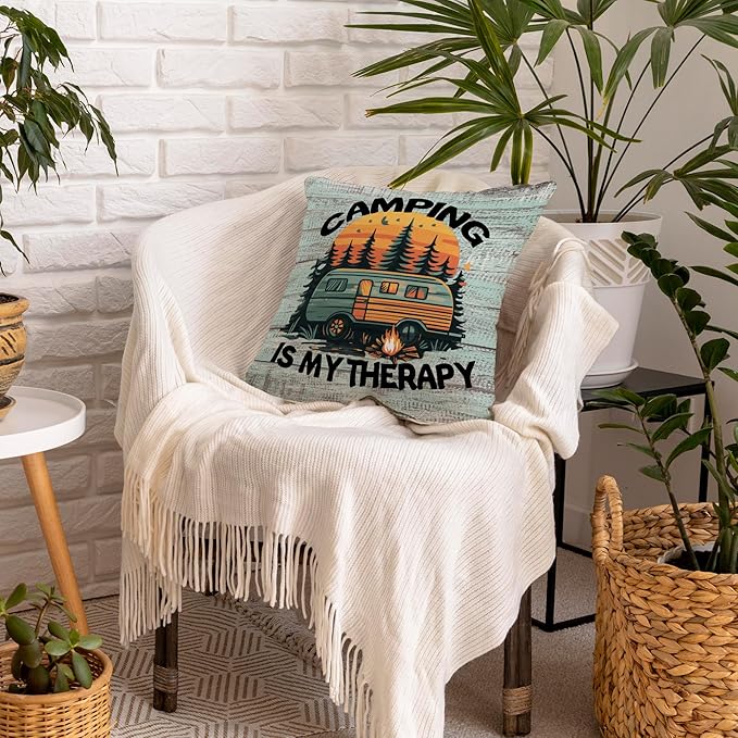 Camping Camp Decorative Throw Pillow Covers, Camping is My Therapy RV Gifts for Camper, Rustic Campsite Pillow Cases Decor for Couch Bedroom 18x18in