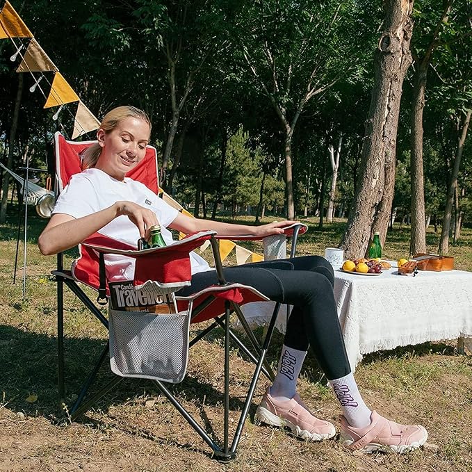 KingCamp 2pack Red Oversized Camping Chair with Cup Holder & 3 Storage Pockets - Heavy-Duty 360lbs Capacity Folding Lawn Chair, Portable Compact Foldable Outdoor Chair for Camping, Fishing, BBQ
