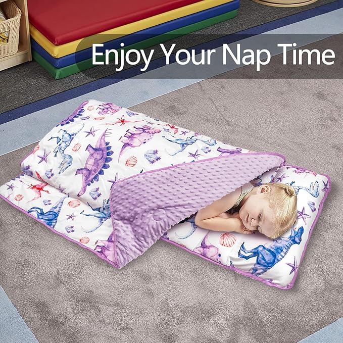 Primlect Toddler Nap Mat Extra Large Thickened 55''x35'', Soft Sleeping Bag with Detachable Minky Blanket and Pillow, Portable for Daycare, Preschool, Kindergarten, Travel, Boys and Girls