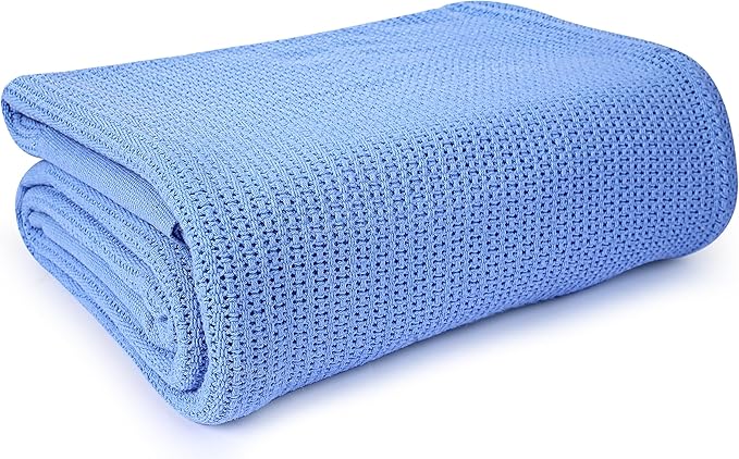 Linteum Textile Supply Blue Hospital Thermal Blanket 66x90 Inch 100% Cotton, Soft and Cozy, Breathable, Open-Cell Weave Design, All Season Twin Hospital Blanket (1-Pack)