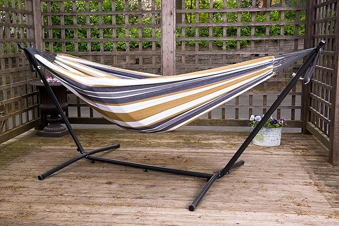 Vivere Double Cotton Hammock with Space Saving Steel Stand, Upgraded Polyester End Strings 450 lb Capacity - Premium Carry Bag Included (Desert Moon)