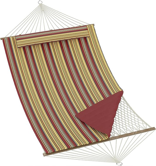 2 Person 12FT Hammocks for Outside, Double Quilted Fabric Outdoor Hammock with Spreader Bar, Large Removable Pillow, Storage Pockets, Carabiners, Max 450 Lbs Capacity