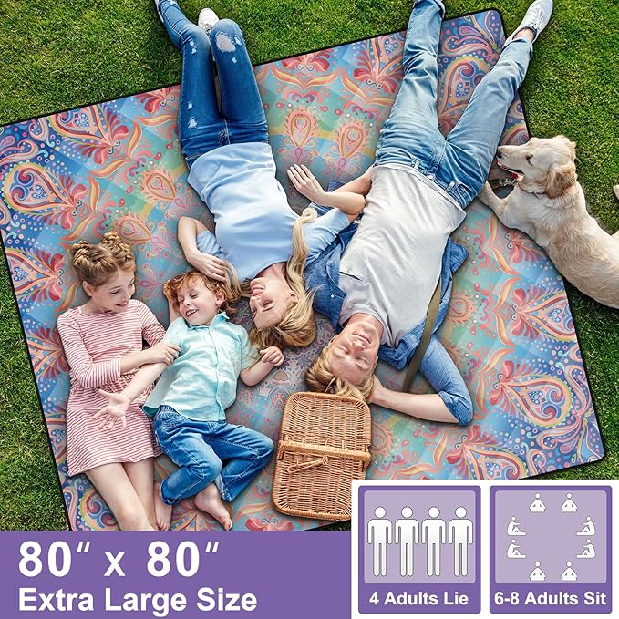 80x80 Extra Large Picnic Blankets Waterproof Sandproof Couple Outdoor Beach Blanket Foldable Grass Park Lawn Concert Mat Summer Camping Essentials Rv Travel Vacation Accessories Festival Gift