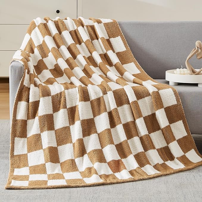 WRENSONGE Fall Checkered Throw Blanket, Burnt Orange Soft Cozy Fluffy Warm Hand Made Throw Blankets for Couch, Sofa, Chair, Bed, Camping, Picnic, Travel Lightweight Bed Blanket - 50"*60"
