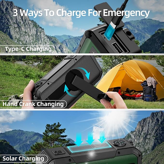 Emergency Radio Waterproof Bluetooth Speaker,Portable Digital AM FM Radio with 2000mAH Cell Phone Charger,Flashlight,Hand Crank NOAA Weather Radio with Solar Panel,Emergency Survival Kit (Deep Green)