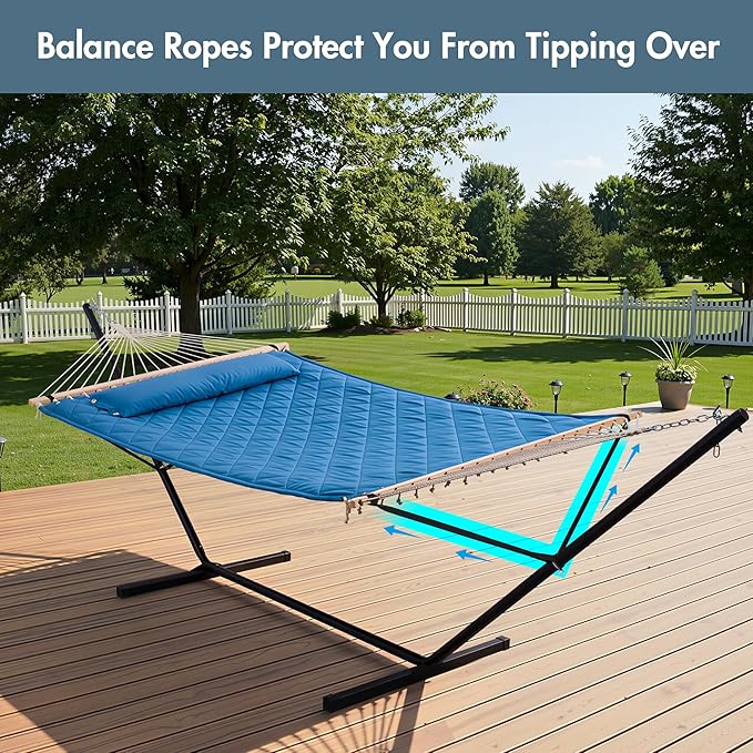 ANOW Double Hammock with 12 Feet Heavy Duty Steel Stand Combo, 2 Person Quilted Hammock with Stand for Outside, 450 LBS Weight Capacity, Blue