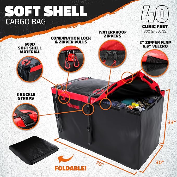 Mockins 70"x30"x6" XXL Folding Trailer Hitch Cargo Carrier w/Rear Lights, Plate Bracket & 40 CuFt Waterproof Cargo Bag for Hitch Carrier | 500 Lbs Cap Luggage Rack for SUV Car & Truck w/Accessories