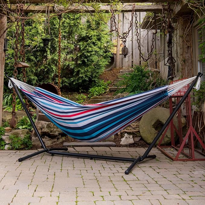 Vivere Double Cotton Hammock with Space Saving Steel Stand, Upgraded Polyester End Strings 450 lb Capacity - Premium Carry Bag Included (Denim)