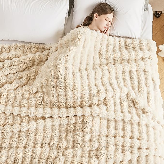 60x80 Inches Ultra-Soft Fuzzy Faux Fur Plush Twin Size Blanket - Thick, Warm Sherpa for Couch, Sofa, Bedroom, Camping - Decorative Blanket for Cozy Warmth, Bubble Khaki