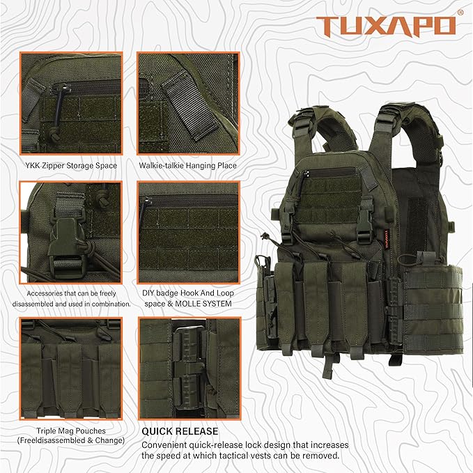 Tactical Molle Vests with Triple mag Pouch and Side Cummerbund Pouches, Quick Release Vests for Men