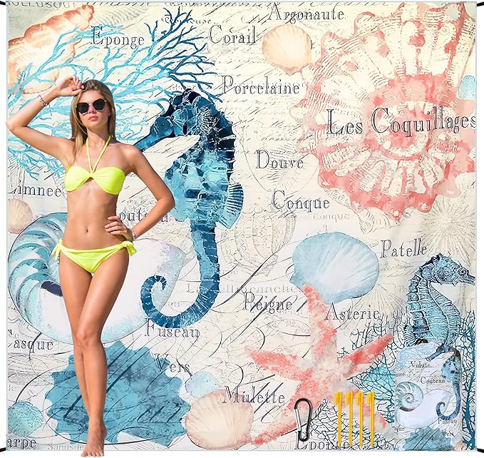 HIHOHO Beach Blanket Waterproof Sandproof Beach Mat for 1-8 Adults Quick Drying Durable Outdoor Picnic Mat for Beach Festival Travel Camping Hiking (Vintage-Seahorses, 79"×83"(4 Person))
