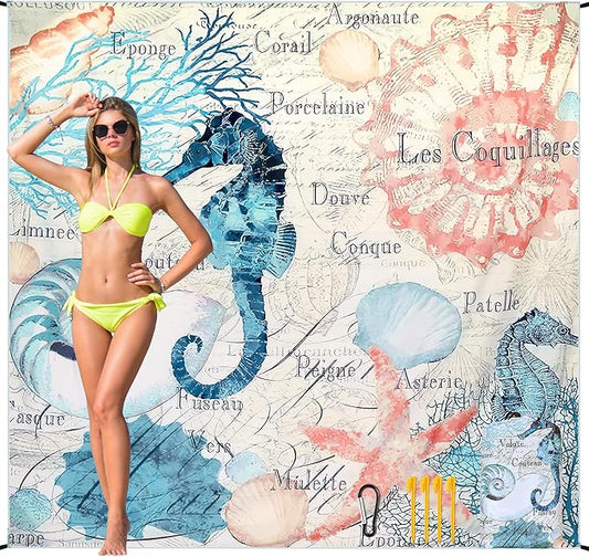HIHOHO Beach Blanket Waterproof Sandproof Beach Mat for 1-8 Adults Quick Drying Durable Outdoor Picnic Mat for Beach Festival Travel Camping Hiking (Vintage-Seahorses, 79"×83"(4 Person))