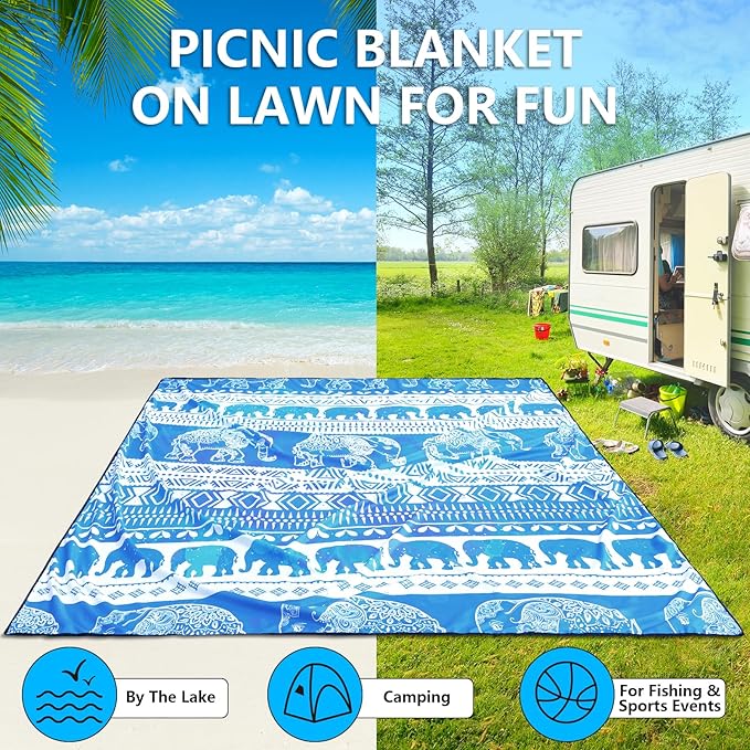 HIHOHO Beach Blanket Waterproof Sandproof Beach Mat for 1-8 Adults Quick Drying Durable Outdoor Picnic Mat for Beach Festival Travel Camping Hiking (Elephant-GC BL, 79"×83"(4 Person))