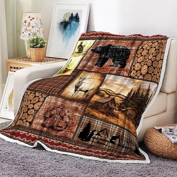 Torich Rustic Cabin Throw Blankets, Forest Bear Deer Wildlife Country Lodge Cozy Warm Bed Couch Blanket, Hunting Camping Animal White Fleece Flannel Throws to Decorate Room and Bedroom
