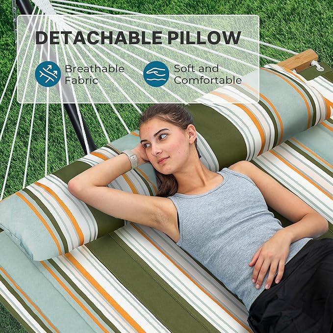 SUPERJARE Hammock with Stand, 2 Person Quilted Outdoor Hammock, Detachable Pillow & Bamboo Spreaders, Portable Hammock with Carrying Bag, Heavy Duty Stand, Perfect for Outside, Patio, Retro Green