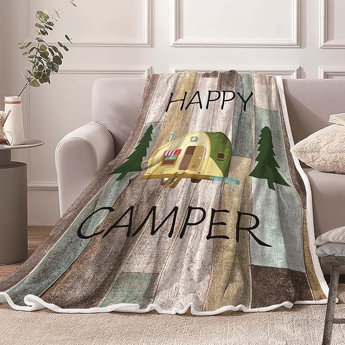 Camping Throw Blanket, Camping Gifts for Camper Outdoor Travel Trailer Blanket, Super Soft Comfy Fleece Flannel Throws Blankets for Couch Bed Sofa Living Room Bedroom Decor Green 60x80 Inch