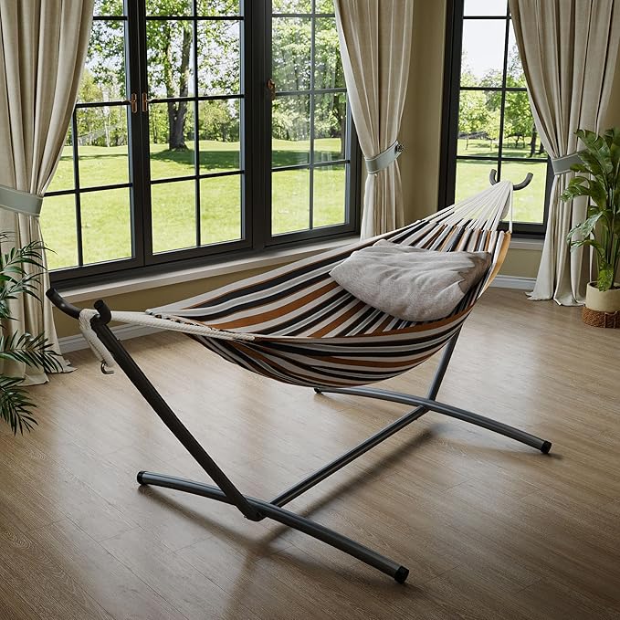 Garvee Double Hammock with Foldable Steel Stand and Carry Bag – Indoor/Outdoor Standing Hammock, 450 LBS Capacity, for Garden, Camping, Beach (Coffee)