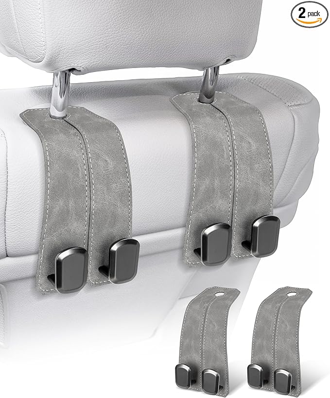 Car Purse Holder Hook, 2PCS Car Hooks for Headrest Luxurious Leather 100% Metal Car Hangers for Seat Multifunctional Car Bag Hook Car Seat Back Storage Hook Accessories (Grey)
