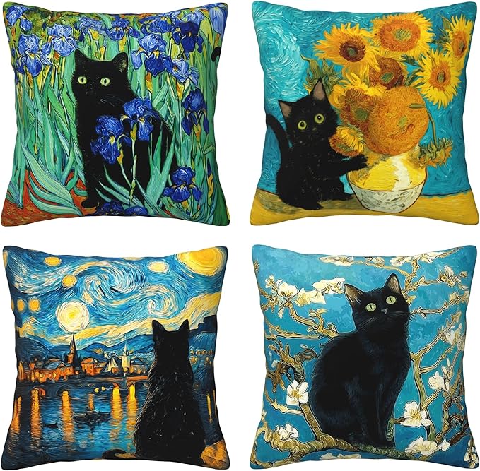 Black Cat Throw Pillow Covers 18 X 18 Inch Set of 4 Decorative Cushion Cover Home Decor for Sofa Chair Couch Bedroom Living Room