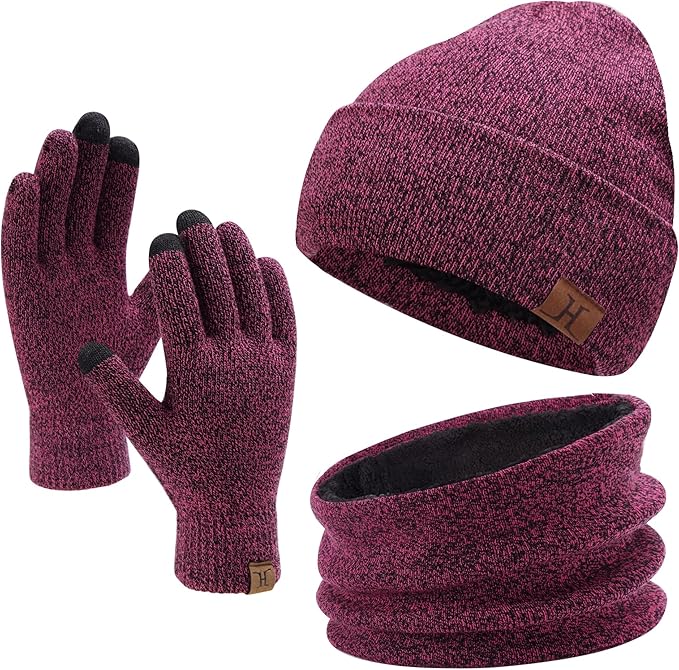 Winter Beanie Hat Scarf Touchscreen Gloves Set for Men and Women, Beanie Gloves Neck Warmer Set with Warm Knit Fleece Lined