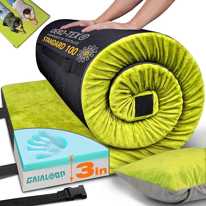 GAIALOOP 3 Inch Memory Foam Camping Mattress, Dual Layer Thick Sleeping Camp Pad for Car Tent Cot, Roll-Up Portable Glamping Floor Bed for Guests Sleepover