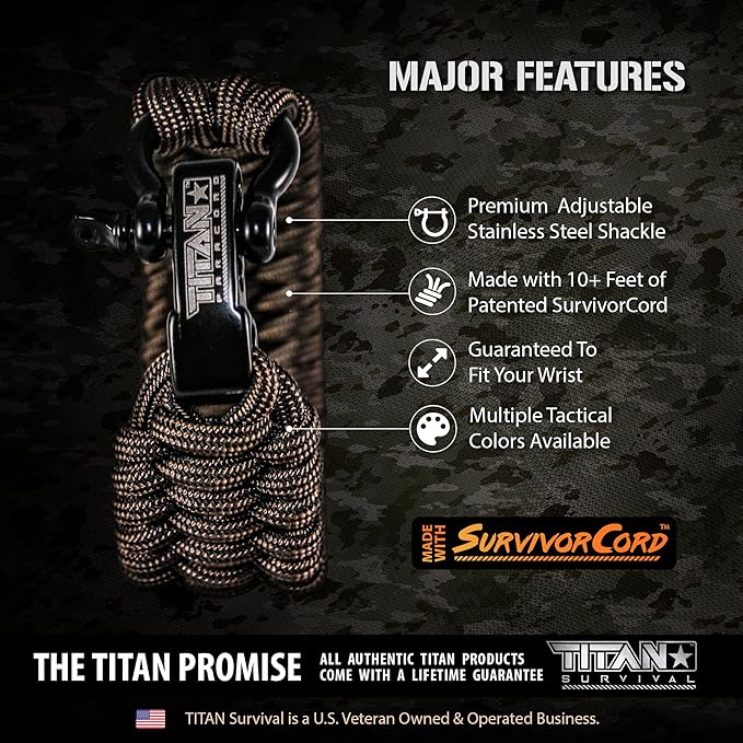 Titan Paracord Survival Bracelet | Made with Patented SurvivorCord (550 Paracord, Fishing line, Snare Wire, and Waxed Jute for Fires). Free eBooks Included.