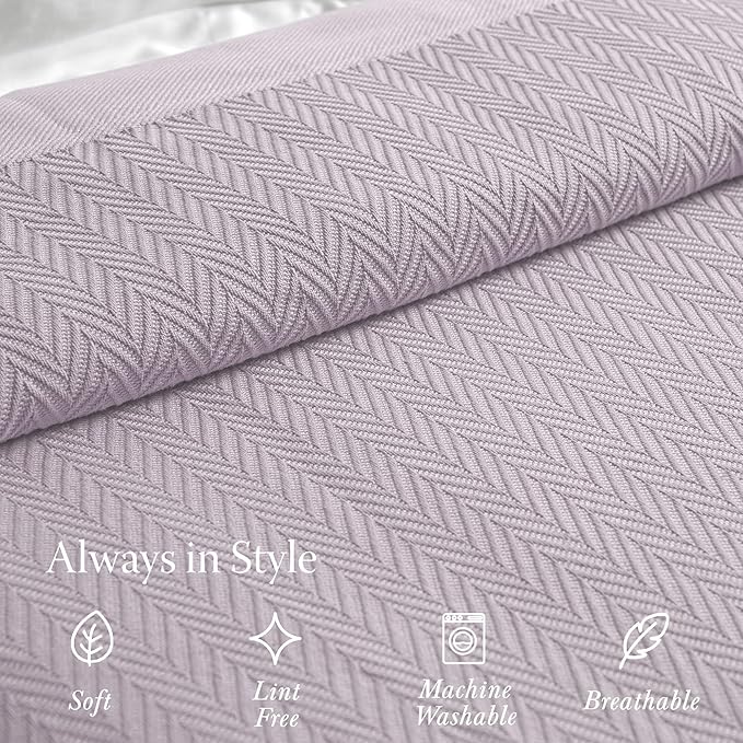 Threadmill Luxury Cotton Blankets for Queen Size Bed | All-Season 100% Cotton Queen Size Blanket | Herringbone Cozy, Soft Breathable Fall Thermal Blanket fits Full Size Bed, 90x92 | Lilac