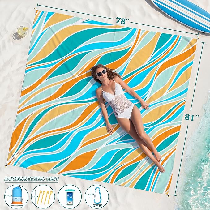 Famstar Beach Blanket Oversized Extra Large 78" X 81",Waterproof Sandproof Beach Blanket 1-7 Adults Lightweight Durable for Travel Camping Hiking Picnic