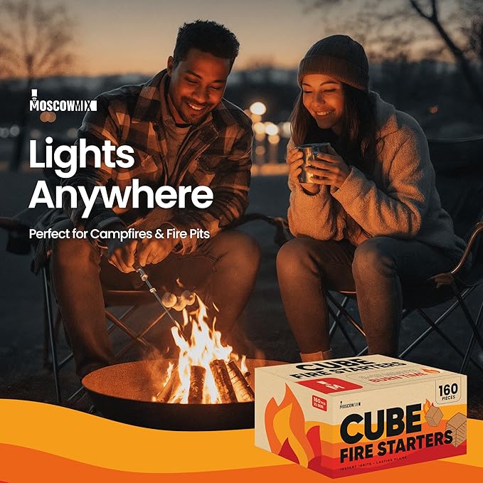 Moscow-Mix Fire Starter Cubes (160 PCS) Bulk Fire Starters for Grill, Campfires, Fireplace, Charcoal Starter, BBQ, Wood Stove, Fire Pits - Lighter Cubes - Odorless, Waterproof, Fire Starter Squares