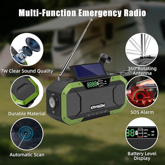 Hand Crank Emergency Radio,Portable AM FM NOAA Weather Radio,Solar Power,18500mWh/5000mAh Battery Operated,USB Charging Flashlight,Waterproof,SOS for Camping,Power Outage,Survival Storm