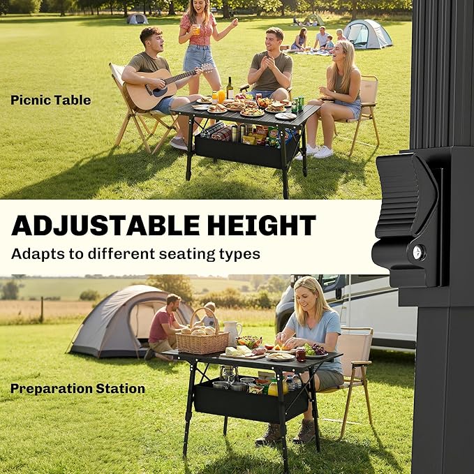 Outsunny 3ft Portable Camping Table with Storage Bag, Adjustable Height Aluminum Small Folding Table, Lightweight Picnic Table with Carry Bag for Outdoor Picnic BBQ Backyards Beach, Black