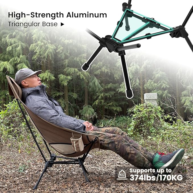 MellowCamp High Back Camping Chair, Oversized Comfort Design Collapsible Camp Chair with Pillow (Brown)