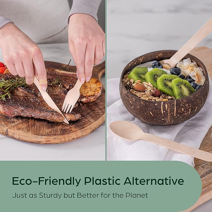 PURPLECLAY Wooden Disposable Utensils Set, 300 Pieces | Wrapped Utensils and Napkins, 100 Sets | Compostable Silverware for Parties | Eco Friendly, Plastic-Free Alternative to Bamboo Cutlery