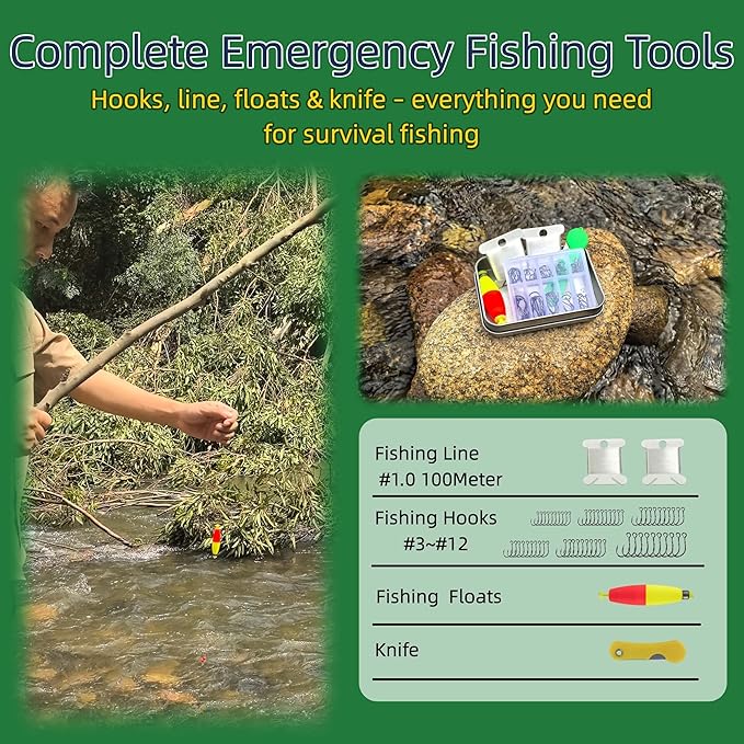 Mini Survival Fishing Kit–Compact Emergency Gear for Camping,Hiking,Bushcraft,Backpacking Small Tackle Box with Hooks,Line,Tools