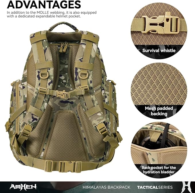 AMHEH 52L Tactical Backpack - 1050D 72 Hour Bug Out, 17" Laptop Compartment, Helmet Pocket and MOLLE for Survival Emergency (Camo)