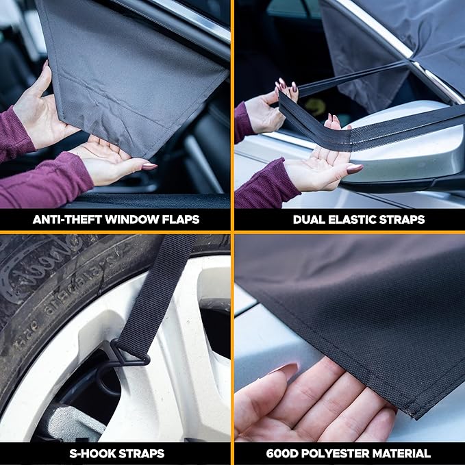 EcoNour Windshield Snow Cover | Heavy-Duty 600D Oxford Fabric | Waterproof Winter Car Windshield Cover for Pickup Trucks, SUVs & Vans | Essential Car Winter Accessories | X-Large (74"x43")