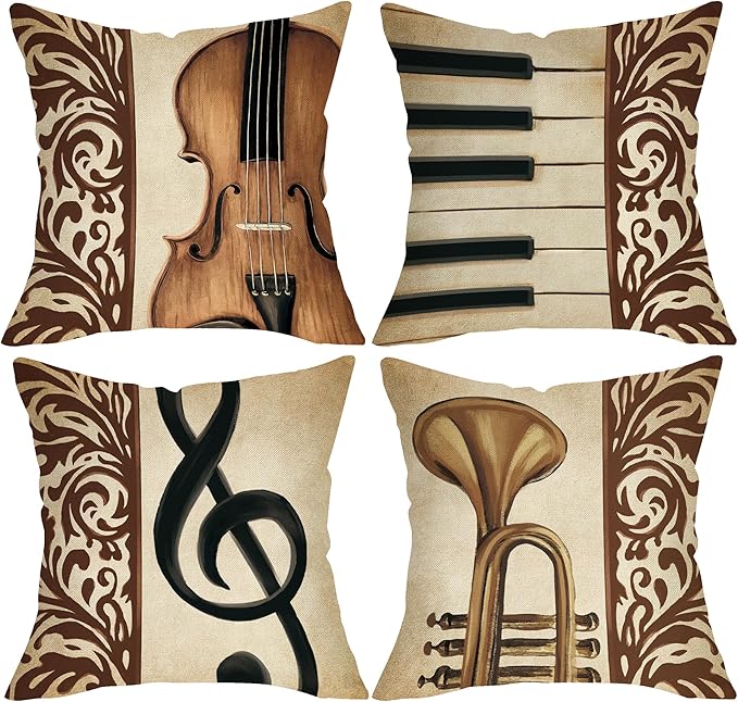 Classical Music Decorative Throw Pillow Covers 20 x 20 Set of 4, Vintage Instrument Violin Piano Trumpet Note Home Decor, Retro Sofa Couch Cushion Case Music Lover Singer Fan Housewarming Gift