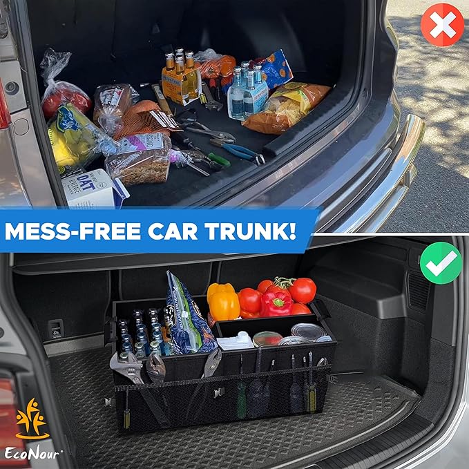 EcoNour Trunk Organizer for Car | SUV Collapsible Cargo Storage Box with Detachable Dividers, Mesh Pockets & Adjustable Straps | Multi Compartment Organizer for Groceries, Tools, Travel – Black