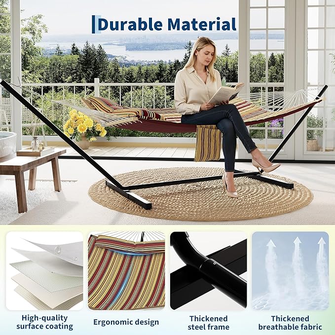 GarveeHome Portable 2 Person Double Hammock with Sturdy Heavy-Duty Steel Stand – 450LBS Max Load, Quick & Effortless Assembly, Perfect for Indoor Living, Yard, Patio & Camping Trips