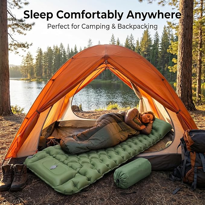 Sleeping Pad, 4” Thick Backpacking Sleeping Pad with Built-in Foot Pump & Pillow, Ultralight Self Inflating Air Mattress Camping Mat for Hiking, Tent,Travel Gear (Green)