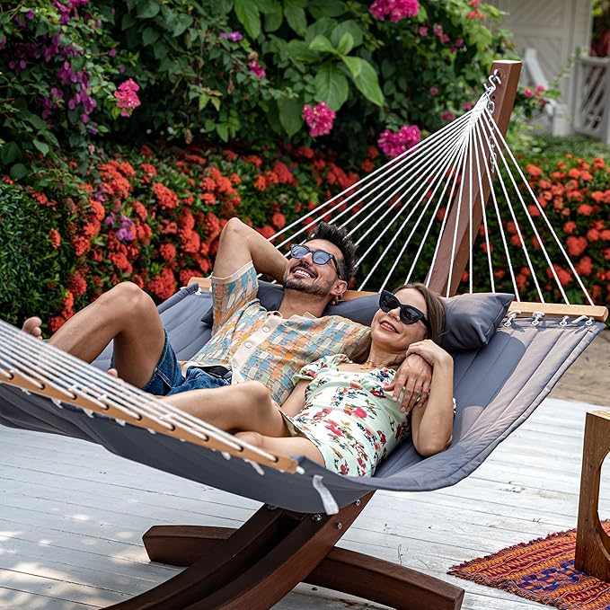 Lazy Daze Hammocks 2 Person Double Quilted Fabric Hammock with Spreader Bar, Detachable Pillow, Side Pocket, Carabiners, Chains, Straps for Outdoor, 450lbs Capacity, Grey