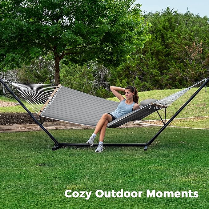 SUPERJARE Hammock with Stand, 2 Person Quilted Outdoor Hammock, Detachable Pillow & Bamboo Spreaders, Portable Hammock with Carrying Bag, Heavy Duty Stand, Perfect for Outside, Patio, Gray