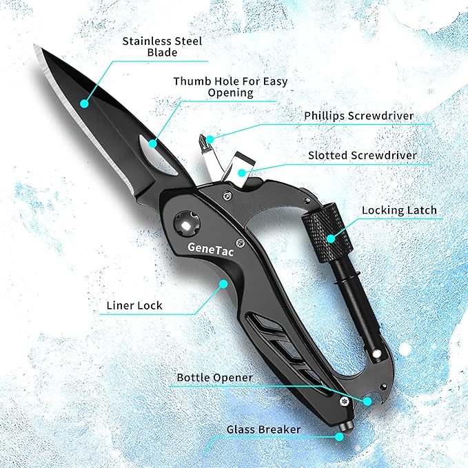 Multi-tool Carabiner with Pocket Knife, Bottle Opener, Window Breaker, Screwdrivers, EDC Tactical Survival Gear for Camping (Black)