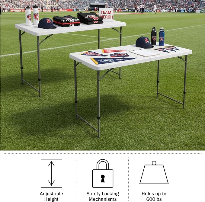 Lavish Home Portable Folding Tables - Lightweight Portable Folding Desk with Adjustable Height - 4-Foot Plastic Indoor & Outdoor Utility Tabletop for Camping, Crafting, or Tailgating (Set of 2/White)