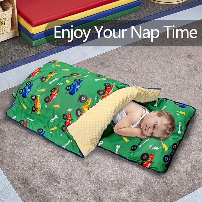 Primlect Toddler Nap Mat Extra Large Thickened 55''x35'', Soft Sleeping Bag with Detachable Minky Blanket and Pillow, Portable for Daycare, Preschool, Kindergarten, Travel, Boys and Girls